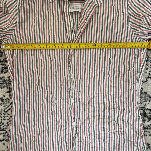 Frank & Eileen Barry Crinkle Button Down Shirt Striped Long Sleeve Pink Green, S - Picture 13 of 14